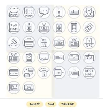 Card Visual Pack containing 32 Thin Line PIXEL Perfect Vector Icons Stock Illustration