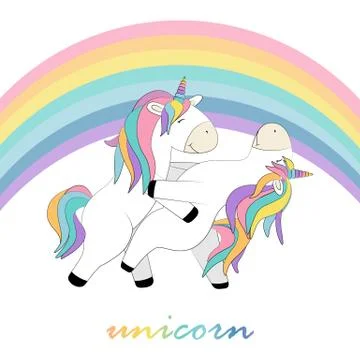 Card whith two unicorns that dance under the rainbow cartoon Stock Illustration
