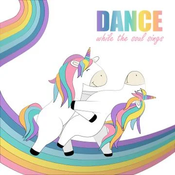 Card whith two unicorns that dance on the rainbow cartoon Stock Illustration