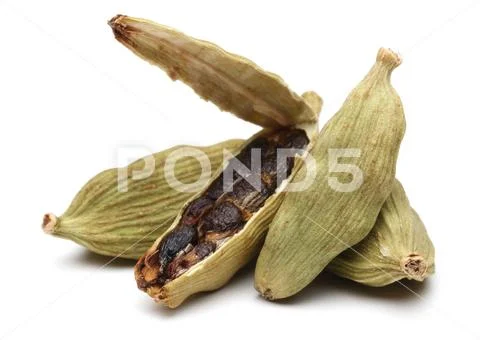 Cardamom pods and seeds isolated on white Stock Photos