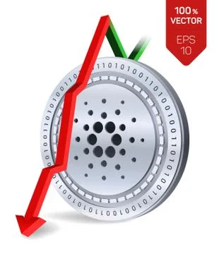 Cardano. Fall. Red arrow down. Cardano index rating go down on exchange marke Stock Illustration
