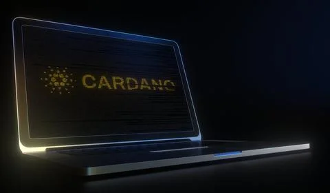 Cardano text made with computer code on the laptop screen. Cryptocurrency mining 库存插图