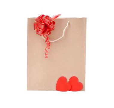 Cardboard bag with bow isolate Stock Photos