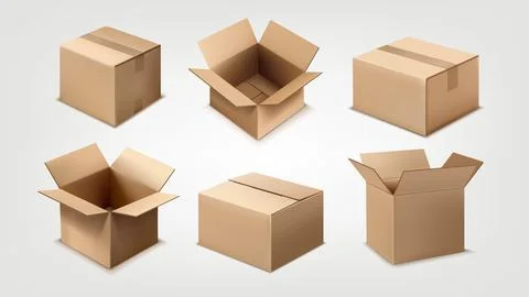 Cardboard box. 3D mockup. Open carton paper parcel different angles view Illustration