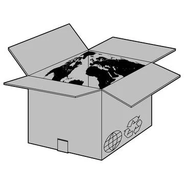 Cardboard box and world map grayscale イラスト素材