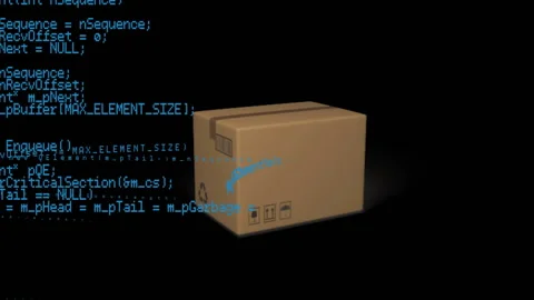 Cardboard box with animated code snippets over black background Stock Footage 303793064