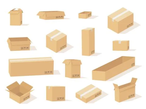 Cardboard box. Boxes open and closed different size, front view and various Stock Illustration