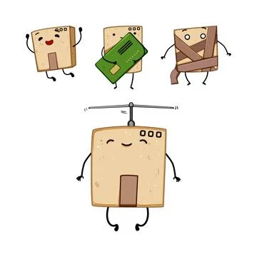 Cardboard box characters working, delivering, and moving goods Ilustración de archivo