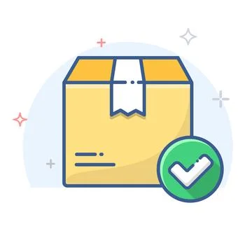 Cardboard box with check mark linear icon. Delivered order vector illustration. Illustrazione stock