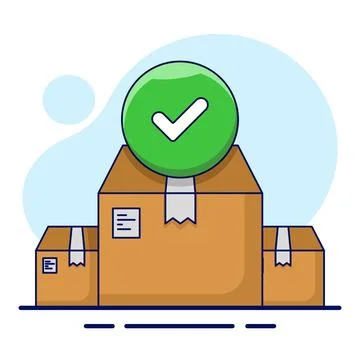 Cardboard box with check mark linear icon. order sent. Delivery Confirmed. Stock Illustration