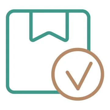 Cardboard box with a checkmark inside a circle. Simple blue-brown vector icon Stock Illustration