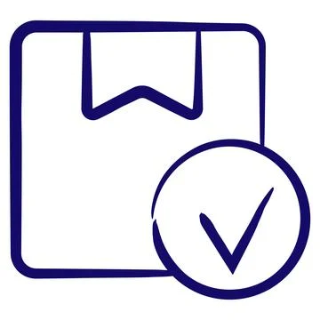 Cardboard box with a checkmark inside a circle. Simple contour vector icon Illustrazione stock