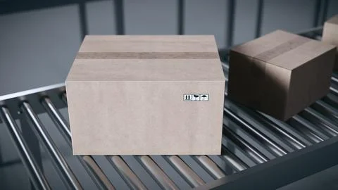 Cardboard box on a conveyor belt.3d rendering Stock Illustration
