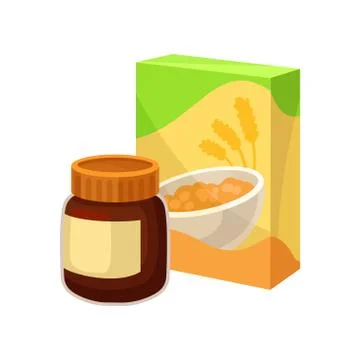Cardboard box of corn flakes and jar of chocolate peanut butter. Tasty and Stock Illustration