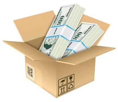 Cardboard Box with Dollar Bills Ilustração Stock