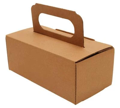 Cardboard box features a handle for easy transport and storage. It is cut o.. Stock Photos