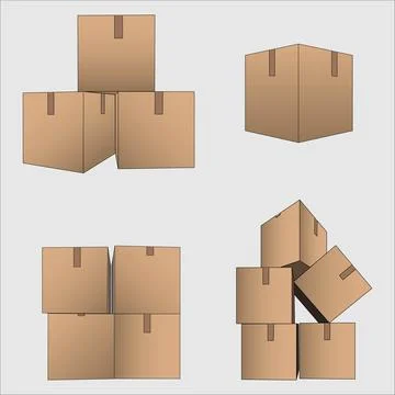 Cardboard Box with Four Difference Poses Vector Graphic Stock Illustration