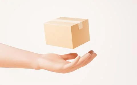 A cardboard box in a hand, 3d rendering. 스톡 일러스트