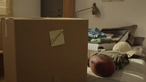 Cardboard Box Labeled Electronics Resting on Bed during Relocation Stock Footage 338088363