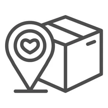 Cardboard box with map pin line icon, delivery and parcel tracking symbol Stock Illustration
