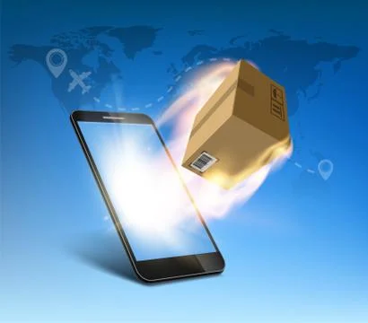 Cardboard box or parcel flying from the smartphone screen. イラスト素材
