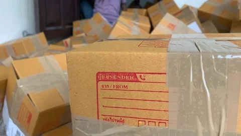 Cardboard box package sender and postcode Thai word screen on parcel Stock Footage 225124927