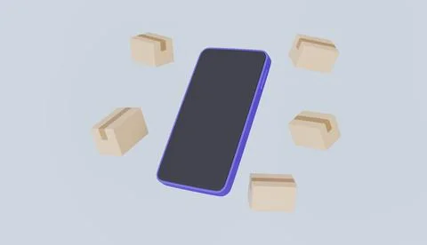 Cardboard box parcel box transporting from mobile phone screen, online order Stock Illustration