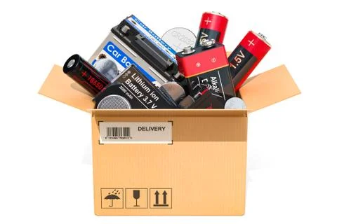 Cardboard box, parcel with different batteries. 3D rendering Stock Illustration