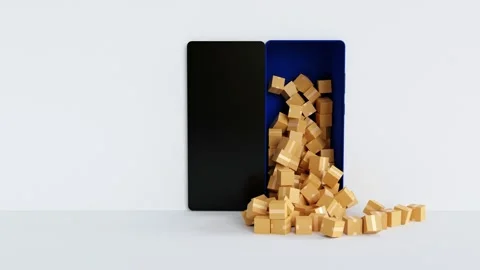Cardboard box parcel overflow from smartphone display, 3D rendering 4K. Stock Footage 181915865