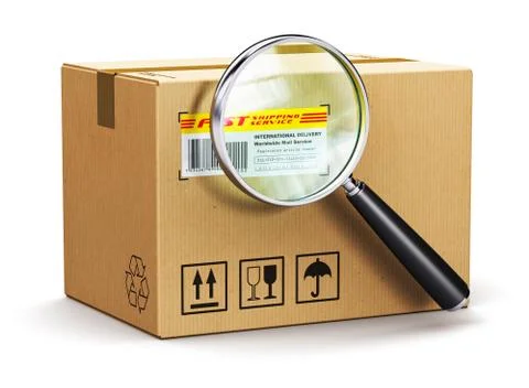 Cardboard box parcel with tracking number and magnifying glass Illustrazione stock