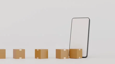 Cardboard box parcel transporting from mobile phone screen Видео 247429406