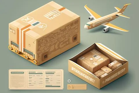 A cardboard box with a plane and a package of packages inside it and a card.. Illustrazione stock