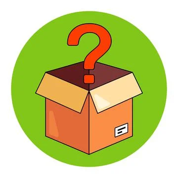 Cardboard box with a red question mark. unpack an unknown parcel. Stock Illustration