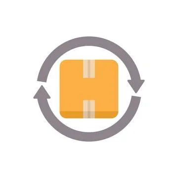 Cardboard box rotating inside circular arrows representing return process Stock Illustration