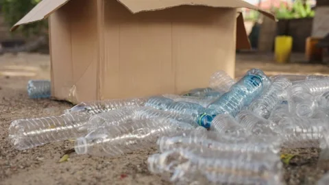 Cardboard box with scattered plastic bottles on ground. Recycling concept. Video stock 346243752