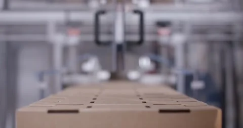 Cardboard box in soft focus at food production hall, Static Shot Stock Footage 340045285