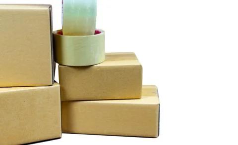 Cardboard box stack with copy space on isolated white Stock Photos