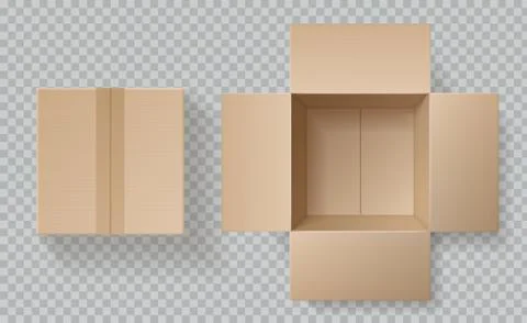 Cardboard box top view. Open closed boxes inside and top, brown pack mockup Stock Illustration