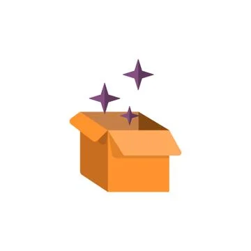 Cardboard box vector flat icon with magical sparkles around it. Halloween Stock Illustration