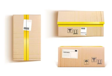 Cardboard boxes 3d vector mockup, cargo or parcel Stock Illustration