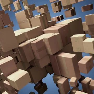 Cardboard boxes in abstract 3D space with stacked parcels, packaging background Stock Illustration