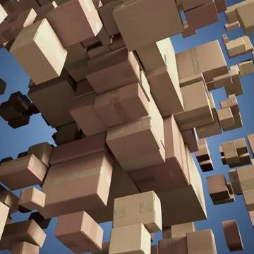 Cardboard boxes in abstract 3D space with stacked parcels, packaging background Stock Illustration