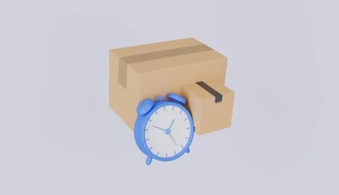 Cardboard boxes with alarm clock, Express shipping service, Floating parcel Ilustración de archivo