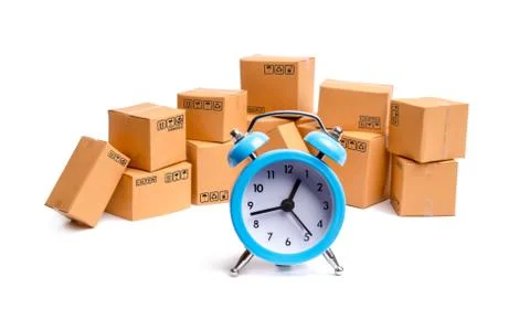 Cardboard boxes and clock on white background. Time of delivery. concept of b Foto stock