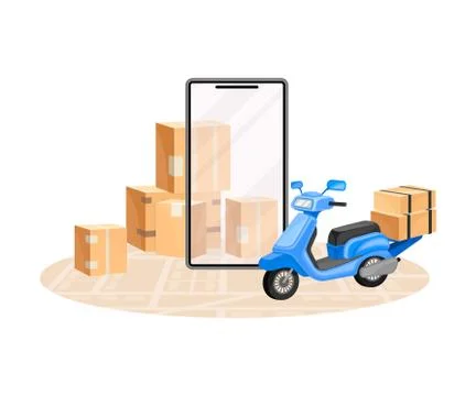Cardboard Boxes and Scooter with Map as Navigation Attribute Vector Illustration Stock Illustration