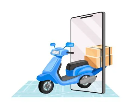 Cardboard Boxes and Scooter with Map as Navigation Attribute Vector Illustration Stock Illustration