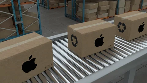 Cardboard boxes with Apple Logo on conveyor belt line isolated on warehouse Stock Footage 231439631