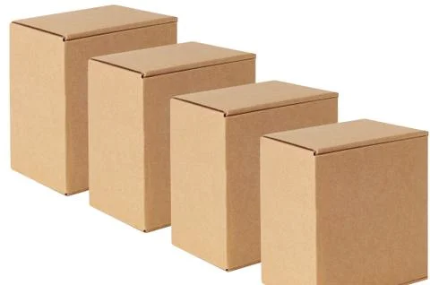 Cardboard boxes are the same located in a row diagonally. Isolated on a white Stock Photos