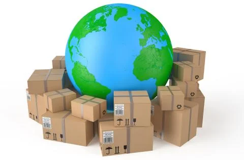 Cardboard boxes around  Earth globe Stock Illustration