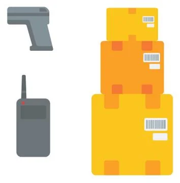 Cardboard boxes, barcode scanner and radio set Stock-Illustration